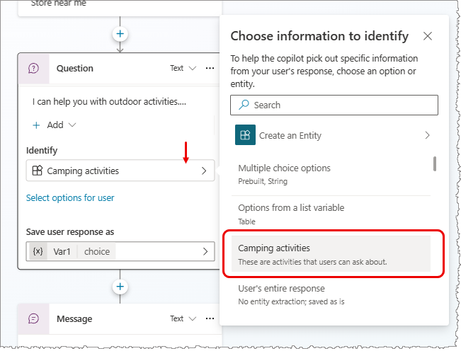 Question node with entity selection.