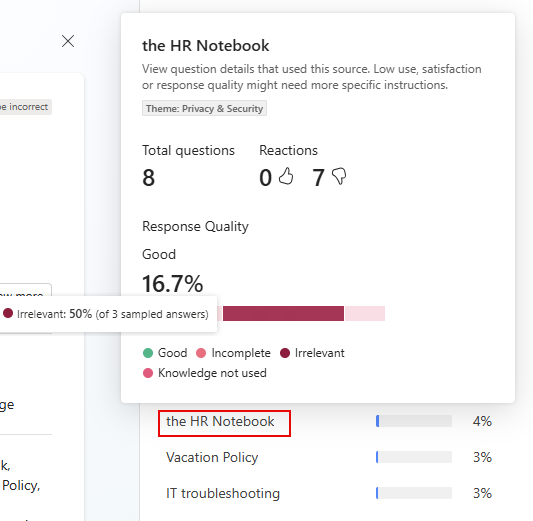 Screenshot of relative weightings of response quality for a given knowledge source, showing tooltip for one quality value.