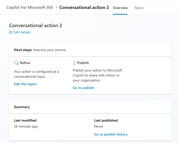 Screenshot showing revise or publish your conversational action