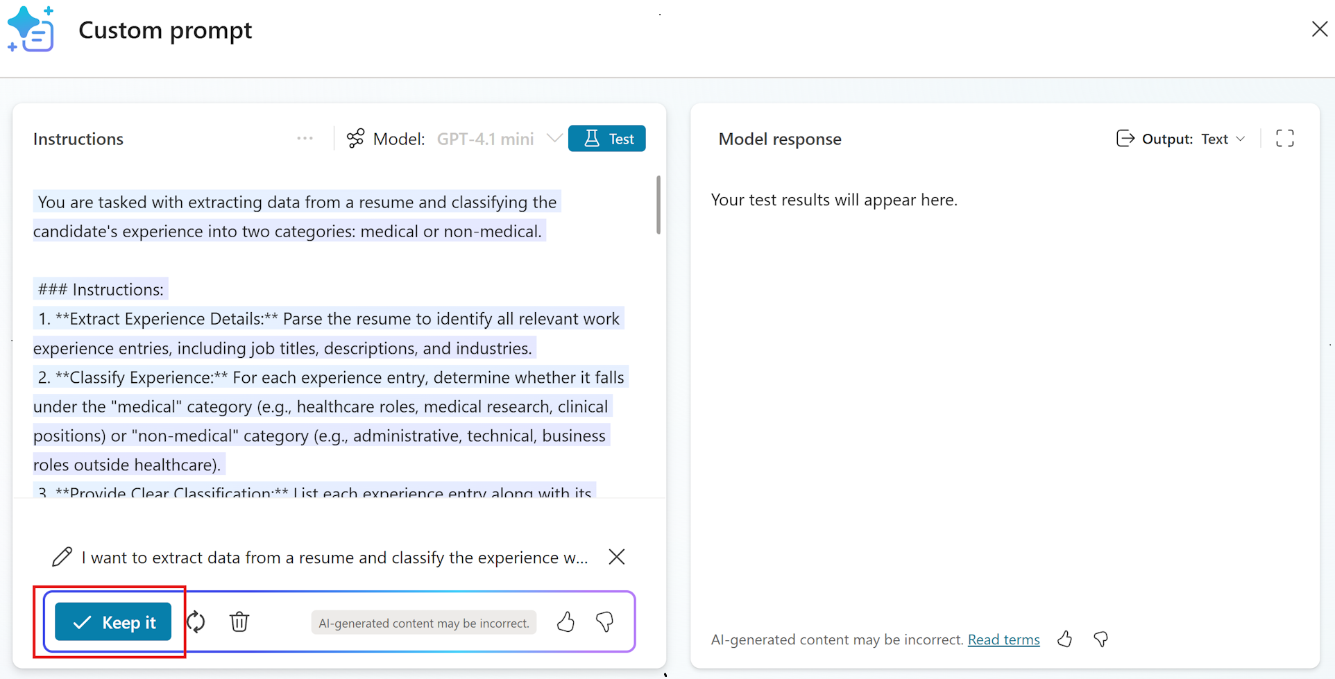 Screenshot of a suggested prompt and the 'Keep it' button.