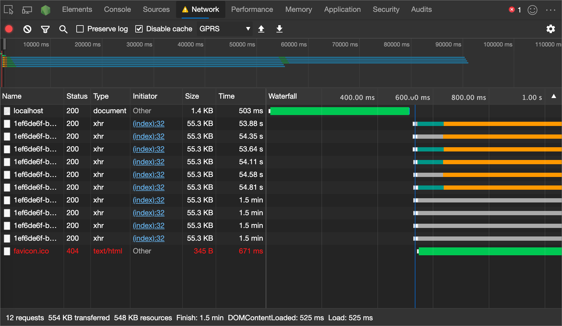 An example of a request with a slow Time To First Byte