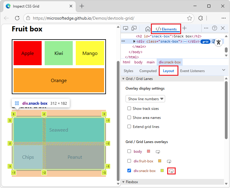 Highlight the grid on the rendered webpage