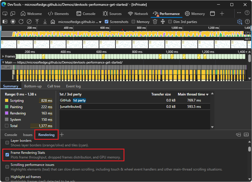 Rendering tool with Frame Rendering Stats checkbox