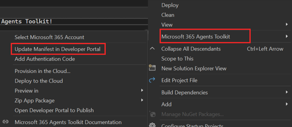 Screenshot shows the Select Microsoft 365 Account option under Agents Toolkit in Visual Studio app project.