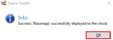 Screenshot of app built with Teams Toolkit with OK option highlighted in red.