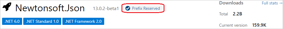 Screenshot that shows Prefix Reserved on a package's page.