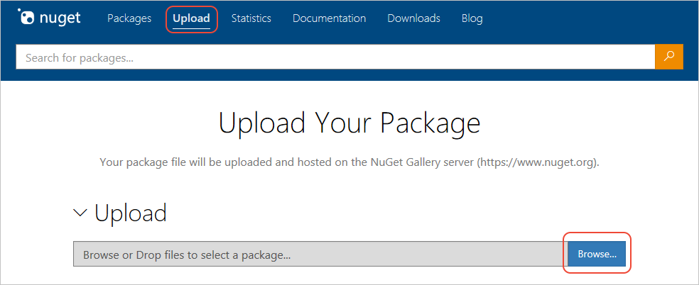 Screenshot that shows the Upload dialog on nuget.org