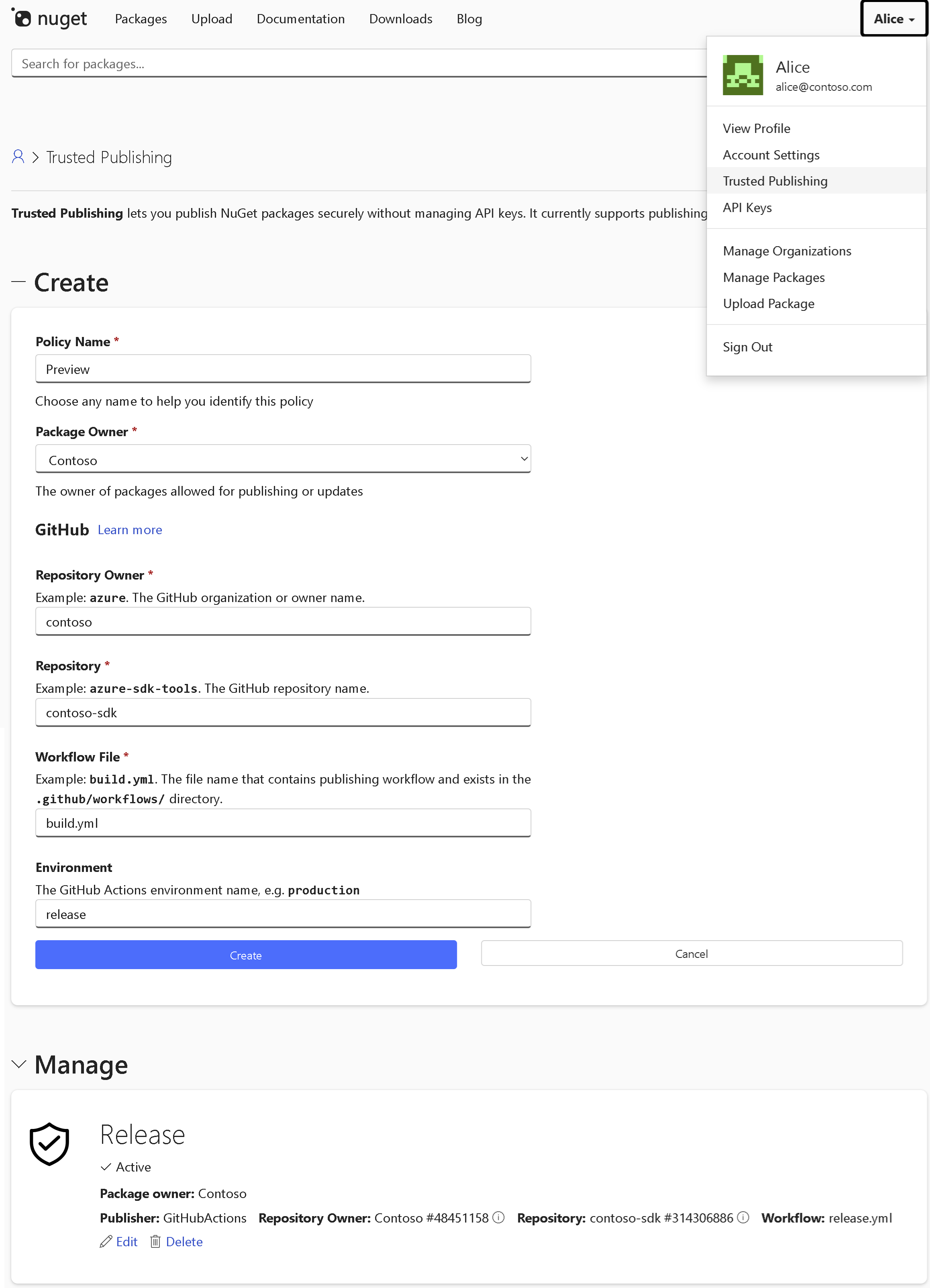 Screenshot that shows Trusted Publishing page.
