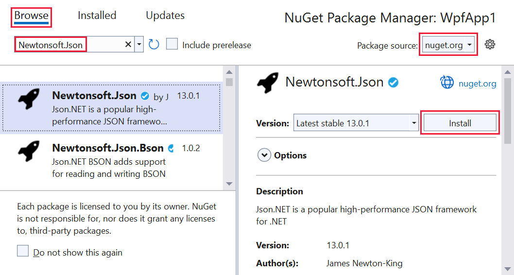 Screenshot showing the NuGet Package Manager window with the Newtonsoft.Json package selected.