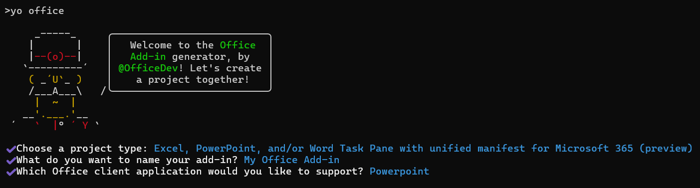 The prompts and answers for the Yeoman generator in a command line interface when the unified manifest is selected.