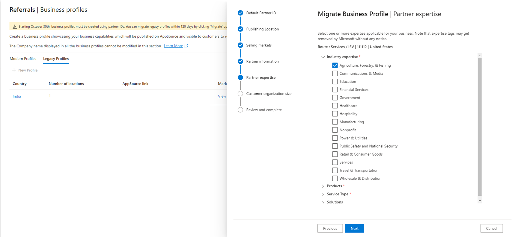 Screenshot of the referrals business page with migration partner expertise.