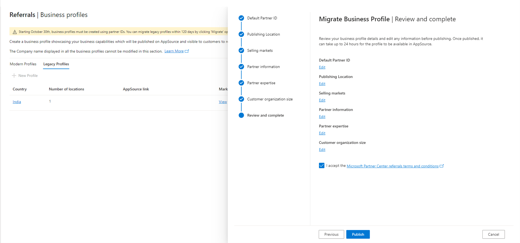 Screenshot of the referrals business page with migration review and complete screen.