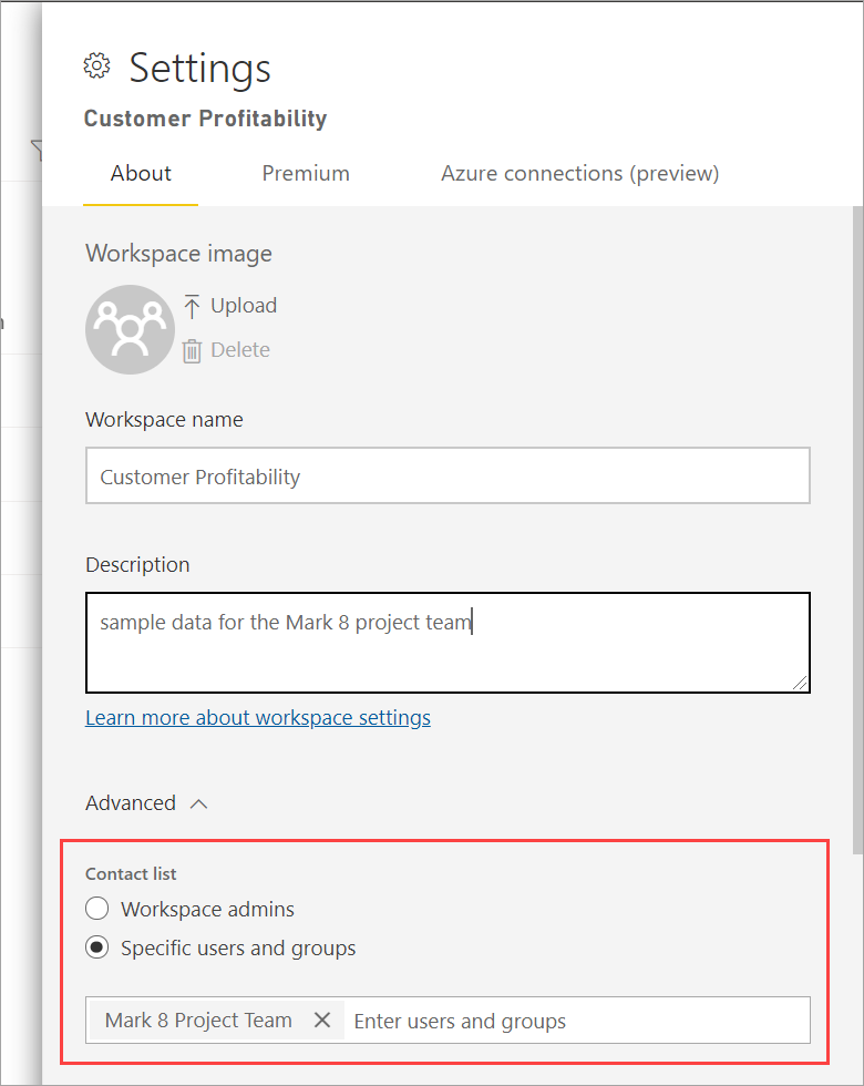 Screenshot of the contact list configuration showing workspace contacts.