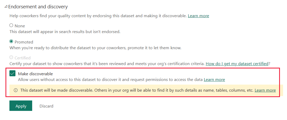 Screenshot showing the Make discoverable checkbox under semantic model settings.