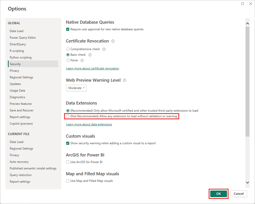 Screenshot of Data Extension Security options showing the setting to allow noncertified custom connectors.