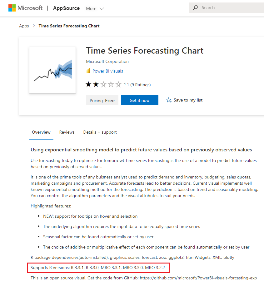 Screenshot showing the supported R versions for a Power BI R-powered custom visual.