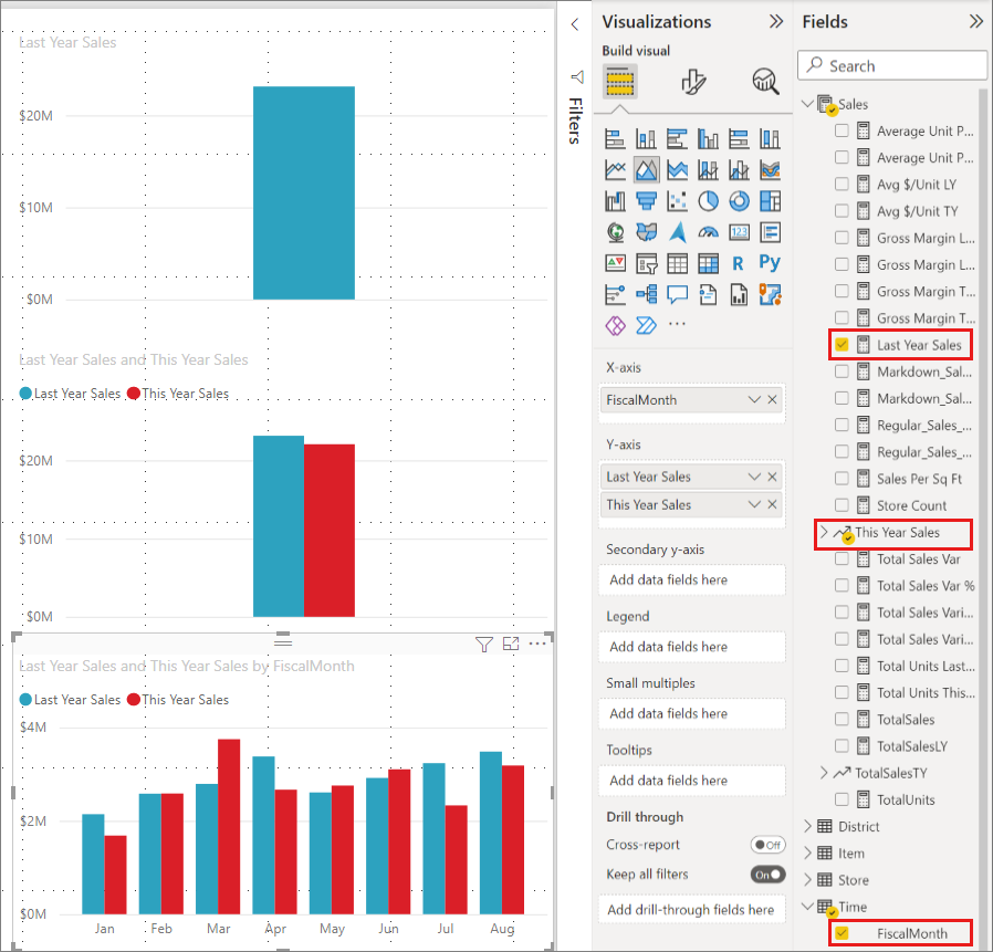 Screenshot of how to add a visual by dragging from the Fields pane.