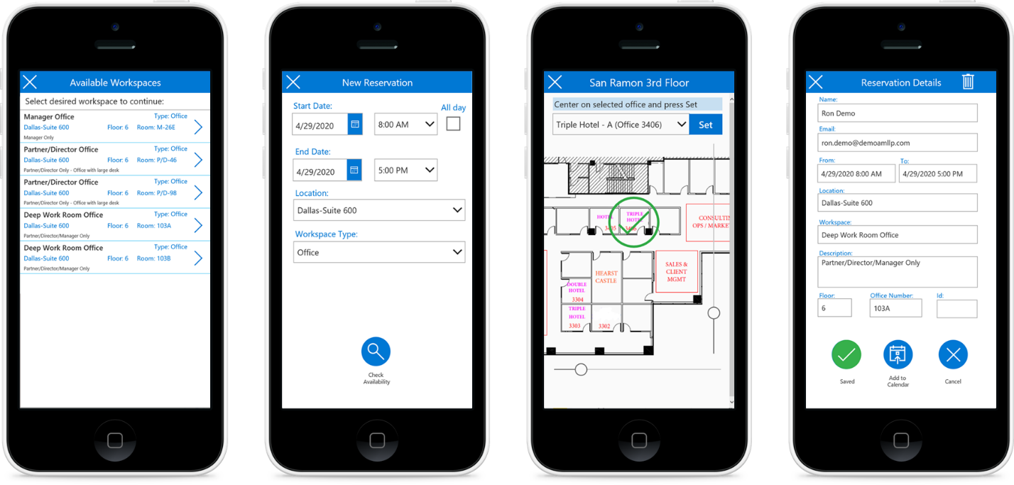 Screenshot of Armanino Workplace Scheduler mobile app.