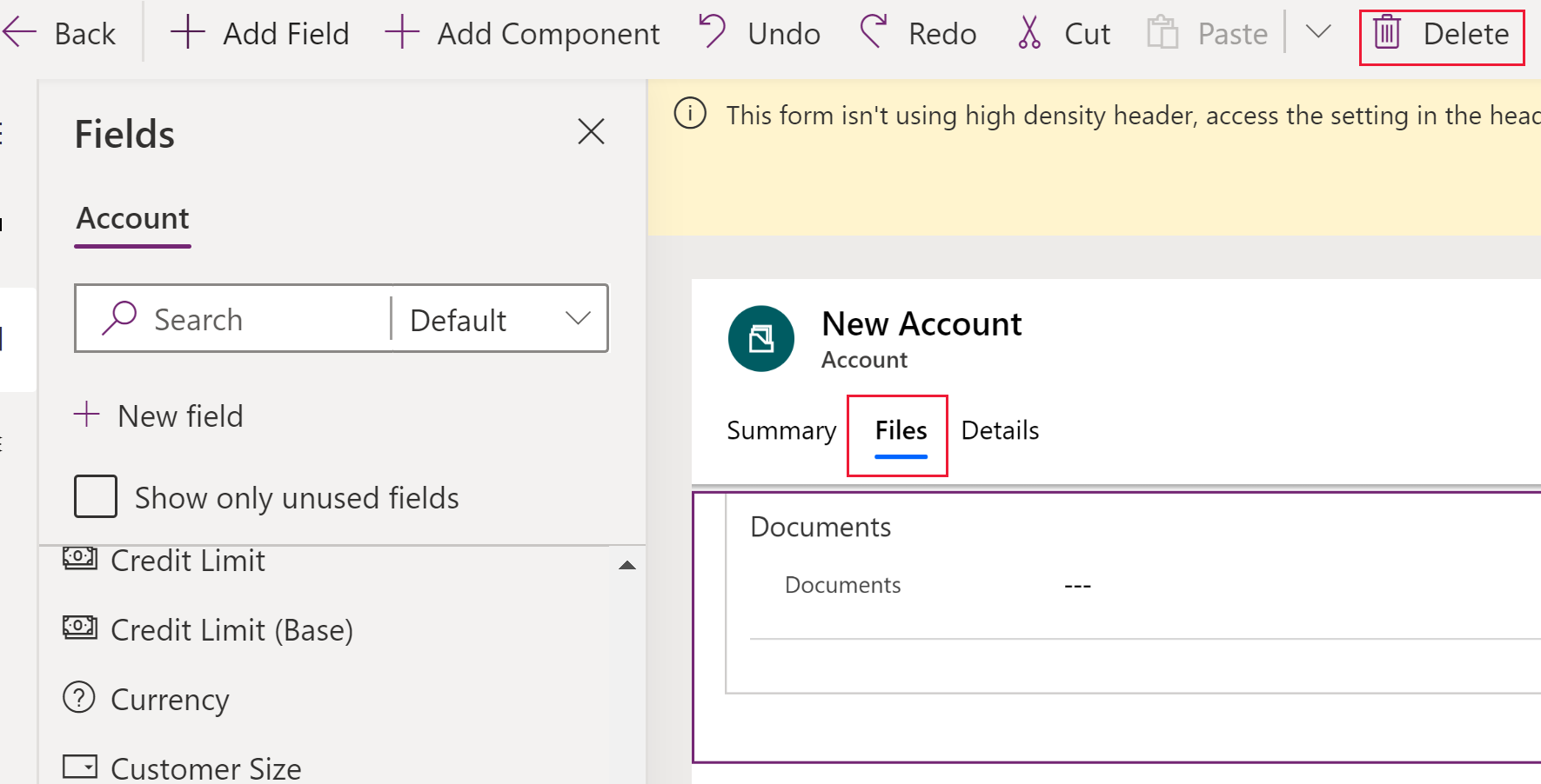 Delete files tab