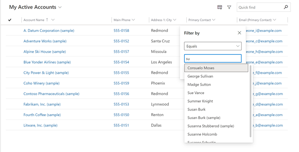 A screenshot of the Primary Contact column filter that shows search completion.