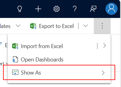 A screenshot of the Show as button in the command bar.
