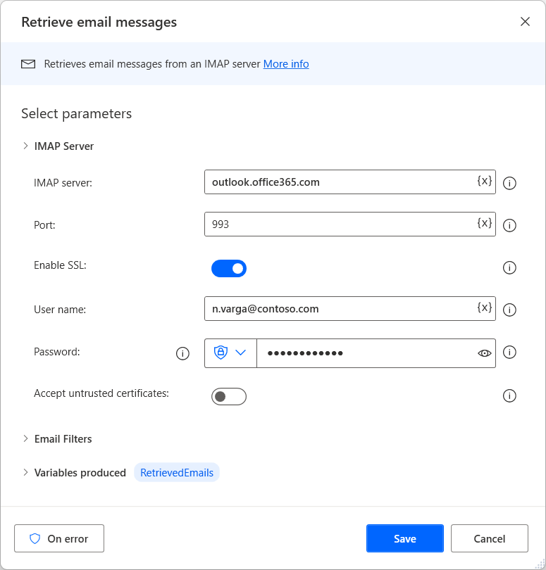 Screenshot of the IMAP server settings of the Retrieve emails action.