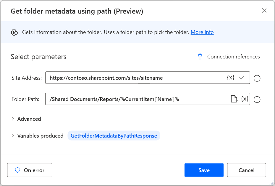 Screenshot of the second Get folder metadata using path action.