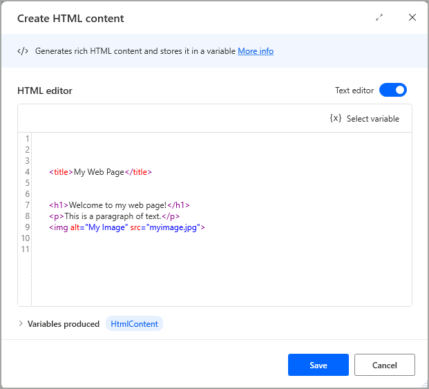 Screenshot of the text editor in the Create HTML content action.