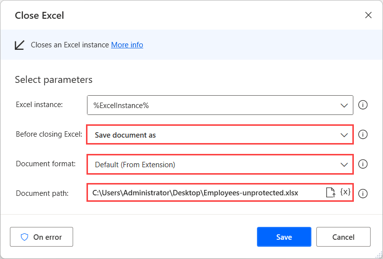 Screenshot of the Close Excel action with the Save document as option selected.