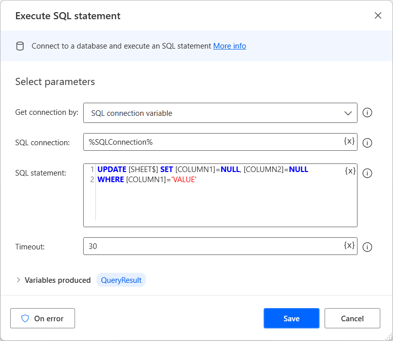 Screenshot of the Execute SQL statements populated with an UPDATE query.