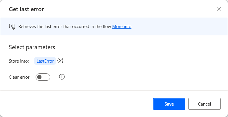 Screenshot of the Get last error action.