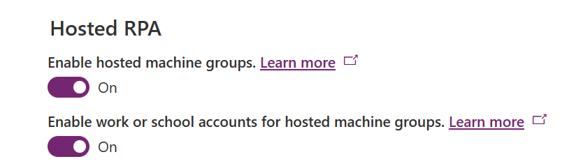 Screenshot of the Enable work or school accounts for hosted machine groups option in the tPower Platform admin center.