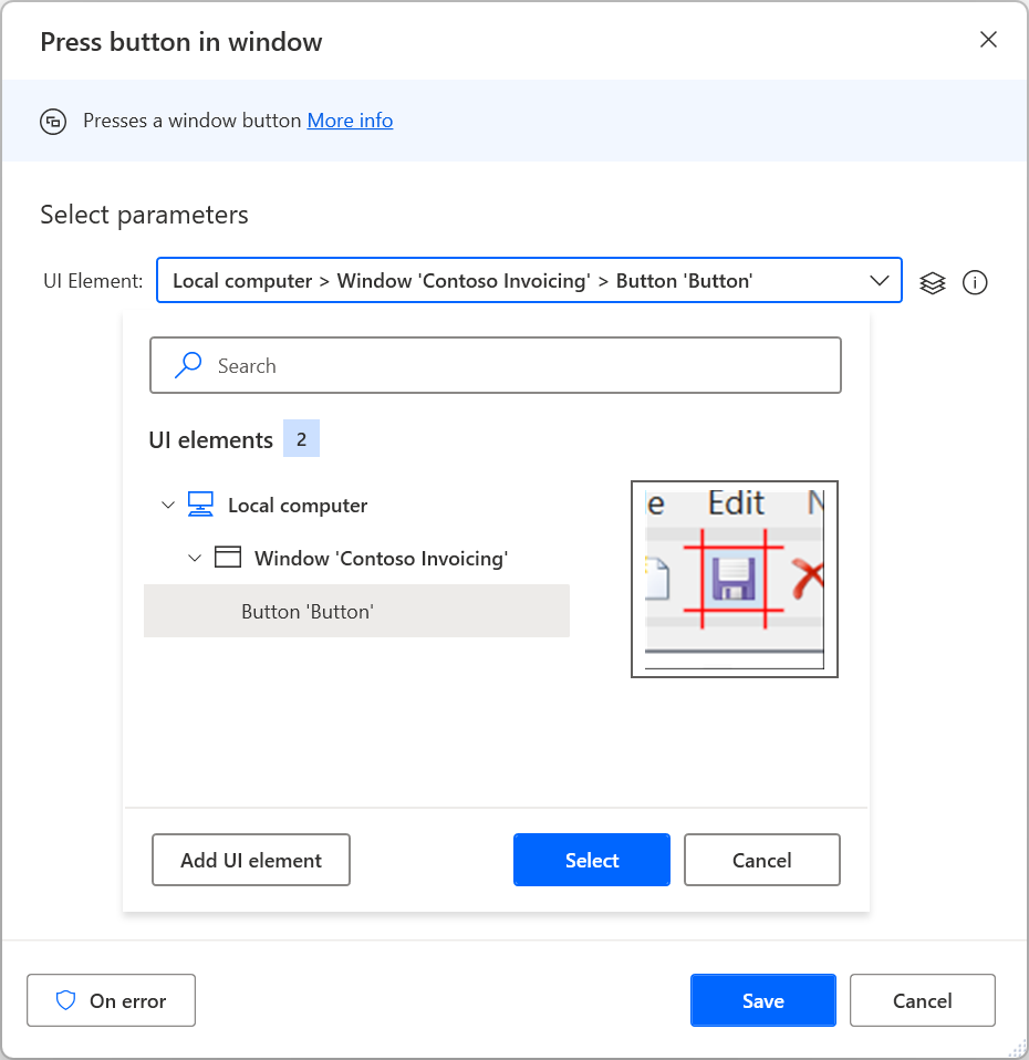Screenshot of the available UI elements in the Press button in window action.