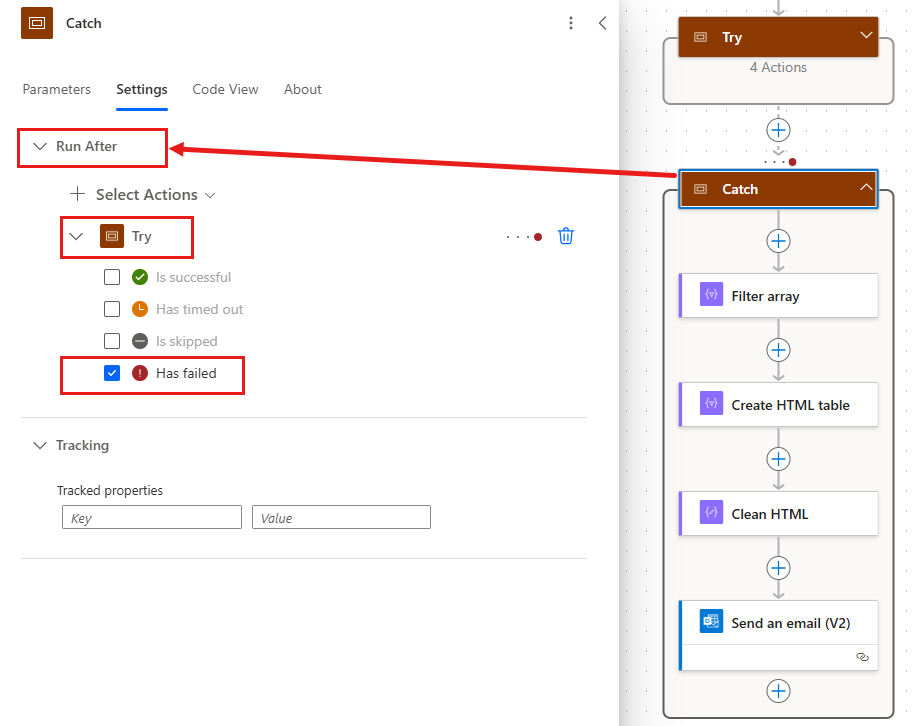 Screenshot of the Power Automate designer showing configuring the Catch scope to run when the Try scope fails.