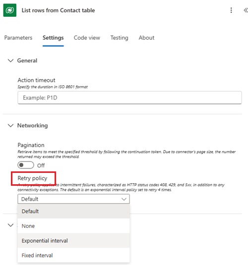 Screenshot of the Power Automate designer showing Retry policy settings.