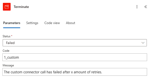 Screenshot of the Power Automate designer showing the Terminate action settings.