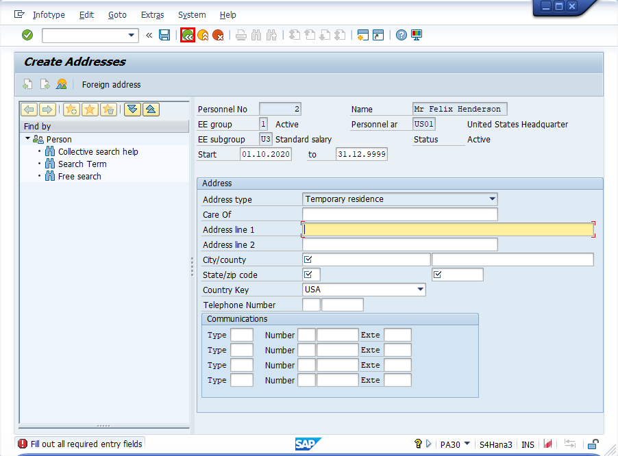 Screenshot of the Create Addresses window in SAP Easy Access with the Back button highlighted.