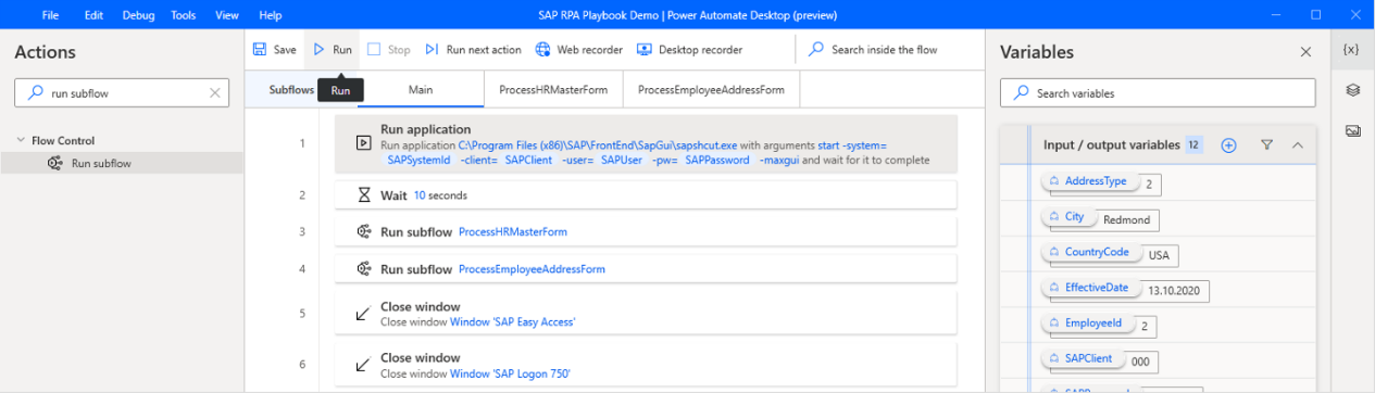 Screenshot of Power Automate Desktop designer window with the Run button selected.