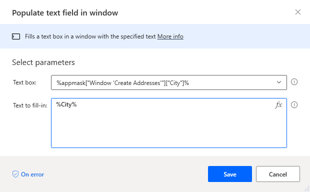 Screenshot of Populate text field in Window dialog with City in the Text box field and the City variable in Text to fill in field.