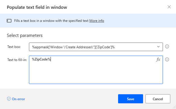 Screenshot of Populate text field in Window dialog with ZipCode in the Text box field and the ZipCode variable in Text to fill in field.