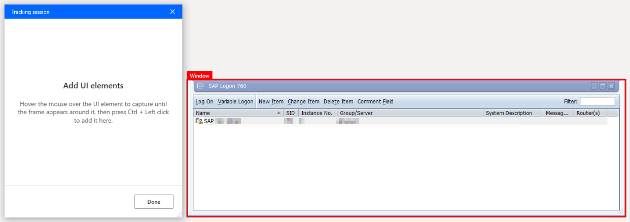 Screenshot of the SAP Logon 760 screen with a surrounding red bordered box and a Power Automate Desktop tracking session window.