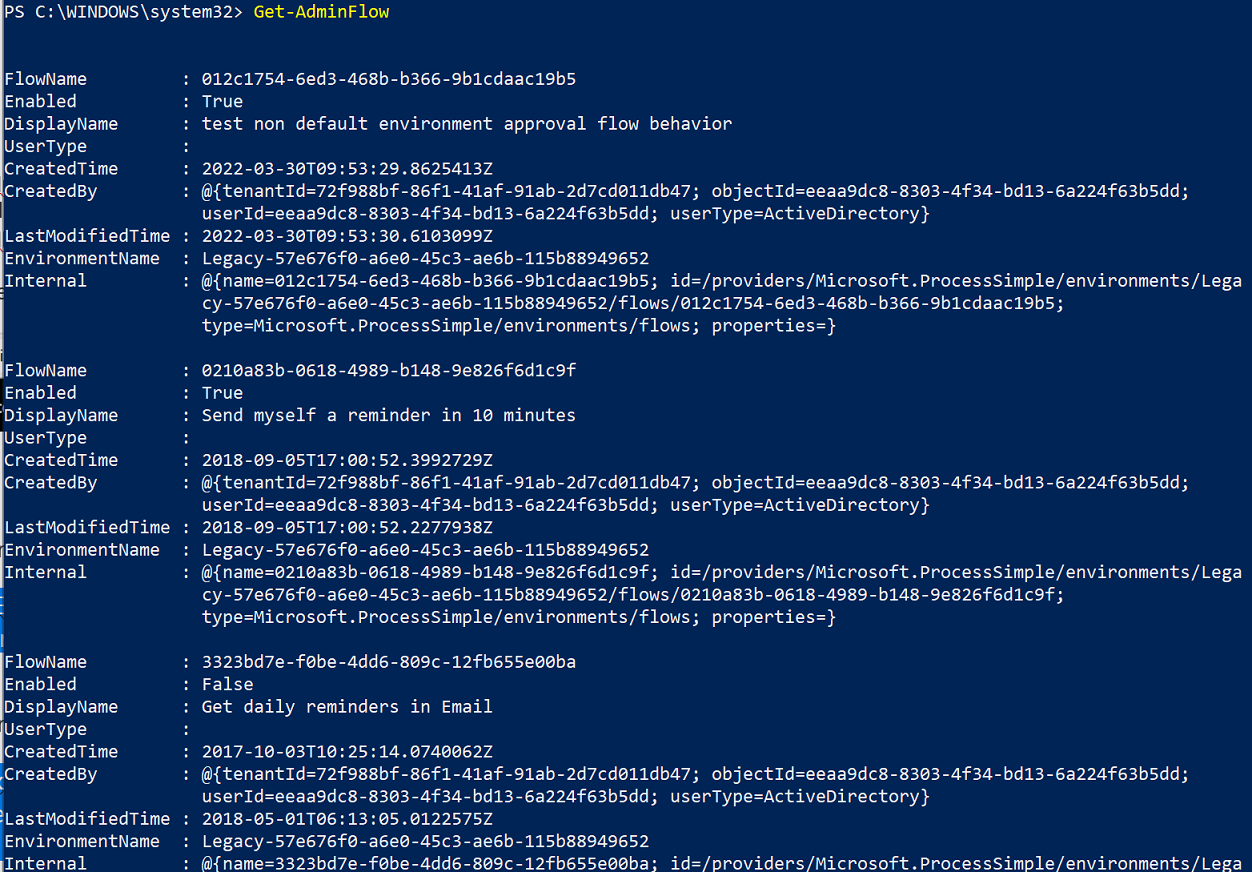 Screenshot that displays the output of Get-AdminFlow.