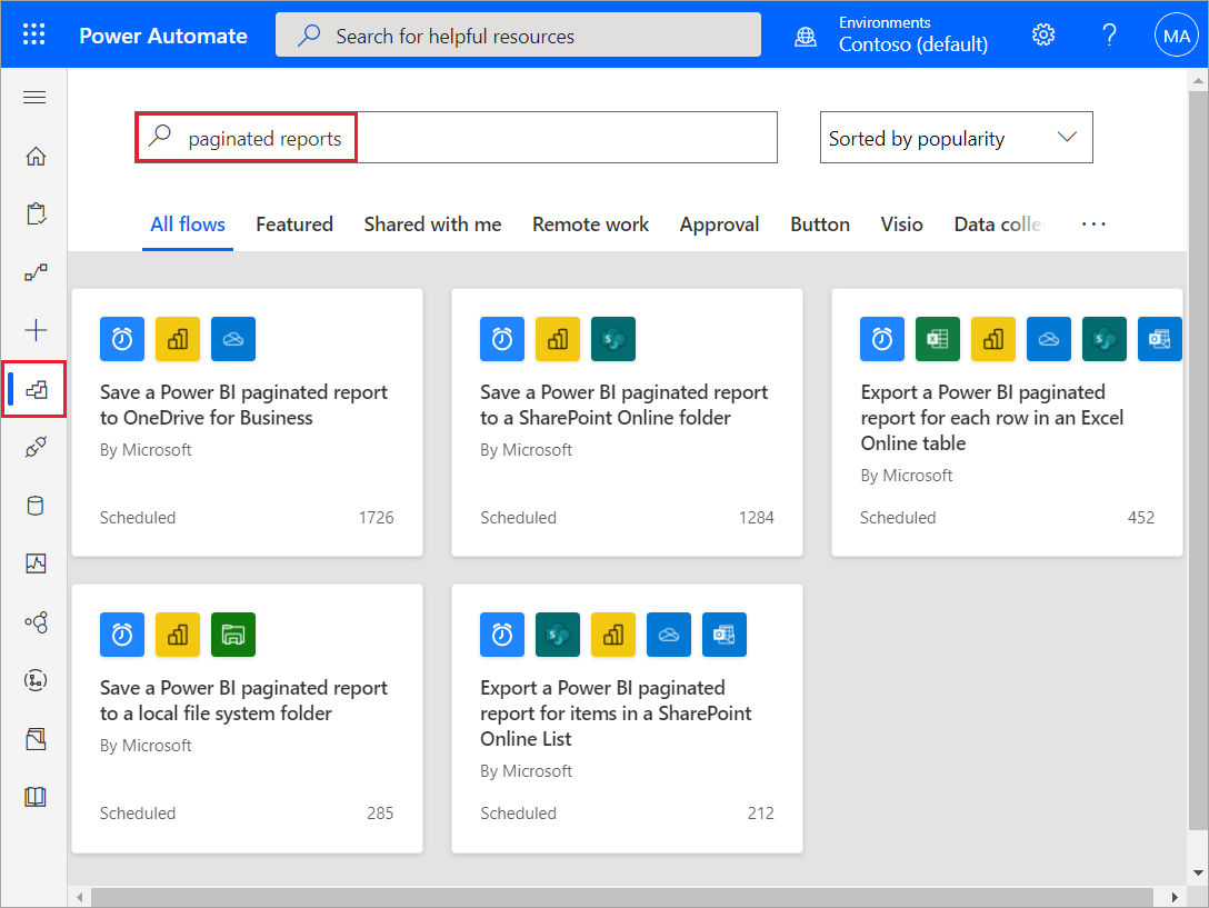 Screenshot that shows the Power Automate templates for Power BI paginated reports.