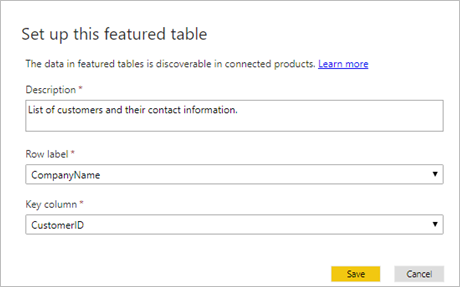 Screenshot showing how to set up a featured table.