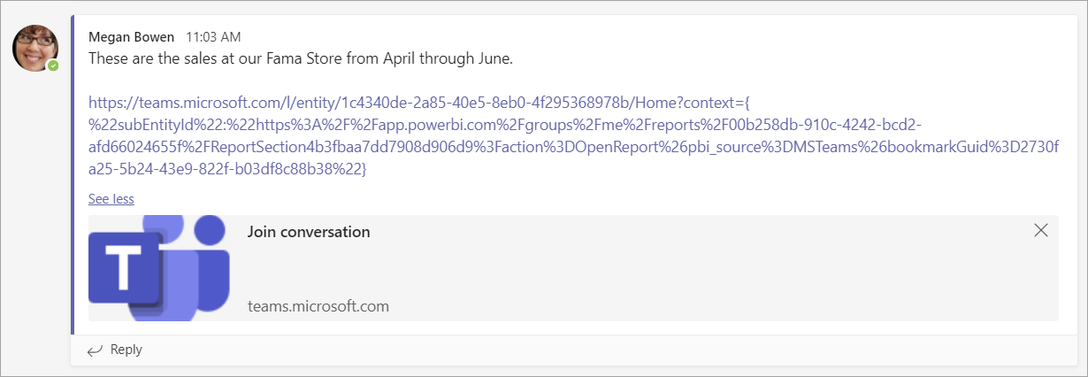 Screenshot that shows the Microsoft Teams conversation with a link to a Power BI item.