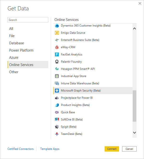 Screenshot shows the Get Data dialog with Online Services, then Microsoft Graph Security selected.