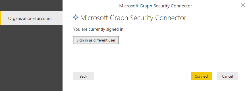 Screenshot shows the Graph Security Connector with You are currently signed in displayed.