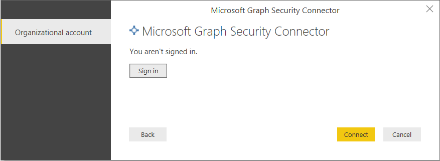 Screenshot shows the Graph Security Connector Sign in option.