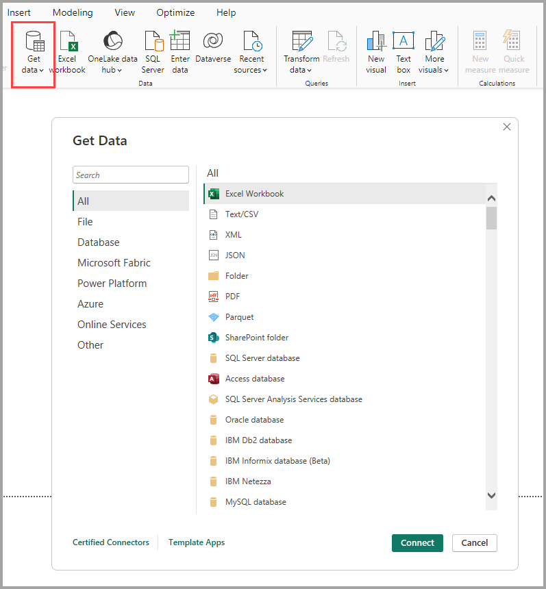 Screenshot that shows the Get Data icon and the Get Data dialog box in Power BI Desktop.