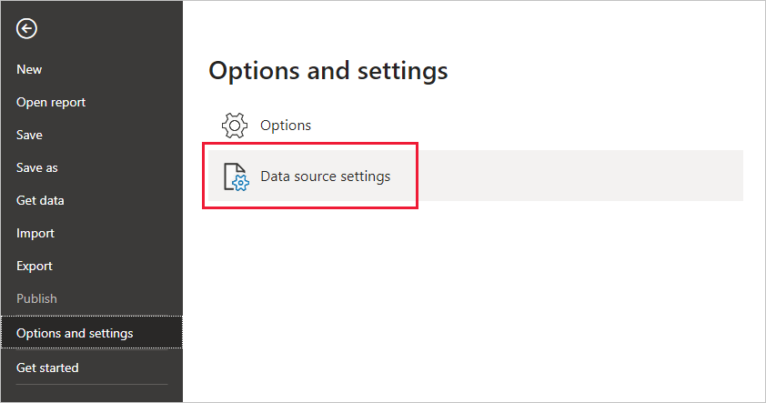 Screenshot that shows selecting Data source settings under Options and settings.